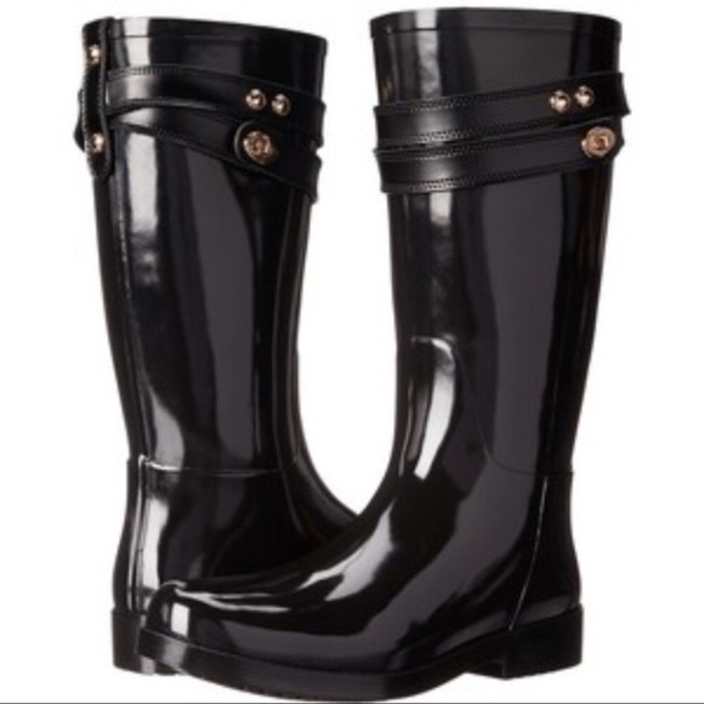 Coach Tara Tall Black Gloss Rubber Rain Boots Size 8